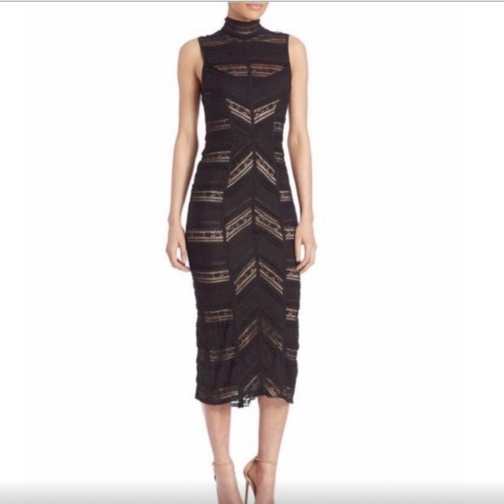 VENUS Black Midi Dress with Sheer Chevron Panels